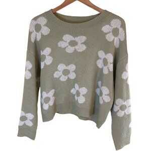 Shein Womens Sweater Medium Green White Floral Y2K Retro